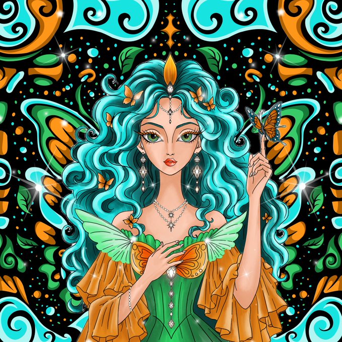 A vibrant, colorful fantasy illustration of a fairy-like woman with flowing teal hair, green eyes, butterfly wings, and an orange and green dress, surrounded by swirling patterns and butterflies.
