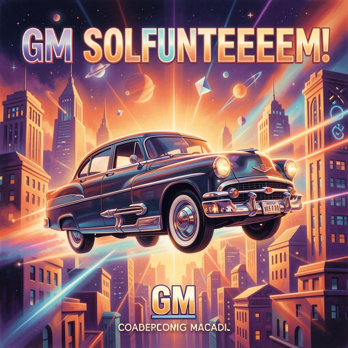 A retro-styled digital artwork featuring a vintage car flying through a cosmic cityscape, with text reading 'GM SOLFUNTEEEM!' at the top and 'GM' and 'COABERCONIG MACADIL' at the bottom.