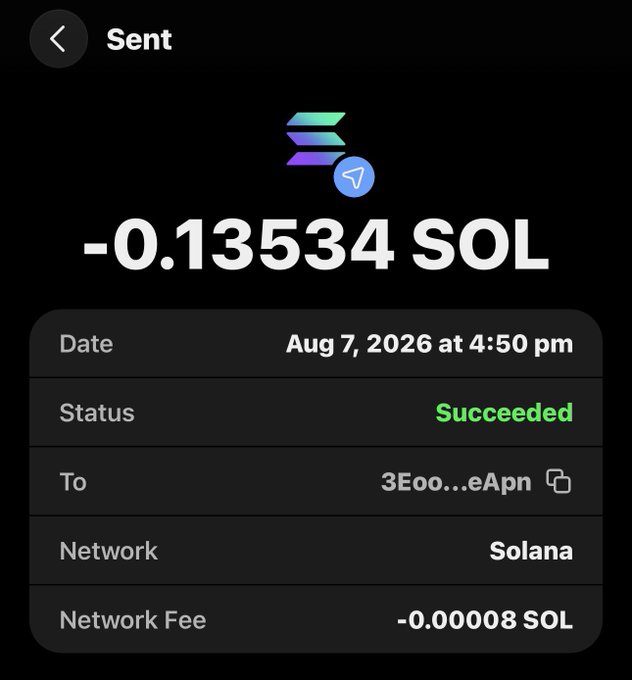 A screenshot of a successful Solana wallet transaction confirming the transfer of 0.13534 SOL to address 3Eoo...eApn on Aug 7, 2026, with a small network fee of 0.00008 SOL, supporting the post's announcement of sending SOL.