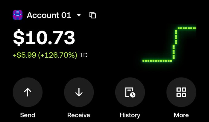 A cryptocurrency wallet app screenshot showing Account 01 with a balance of $10.73, up $5.99 (+126.70%) in 1D, with options for Send, Receive, History, and More.