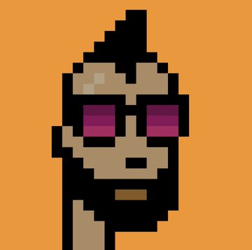 A pixel art illustration of a bearded character with dark hair and purple/magenta sunglasses against an orange background.