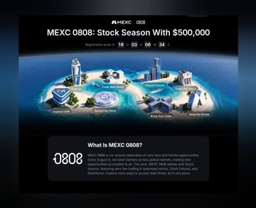 The image promotes the "MEXC 0808: Stock Season With $500,000" event, displayed with a countdown timer (16 days, 03 hours, 06 minutes, 34 seconds) and showcasing floating island icons representing different missions like Futures King, Gold Master, King Copy Trader, and King Alt Trader. It ties directly to the post's theme of reframing participation beyond just chasing the $500,000 prize—suggesting the true value lies in identifying which trading role or "version" of yourself you're building through the campaign's various missions.