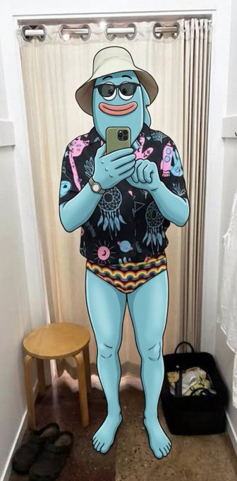 A blue cartoon character wearing sunglasses, a sun hat, and a colorful patterned shirt takes a mirror selfie in a fitting room. The whimsical, illustrative style of the character aligns with the post's promotion of AI-generated art projects and various Web3/crypto initiatives.