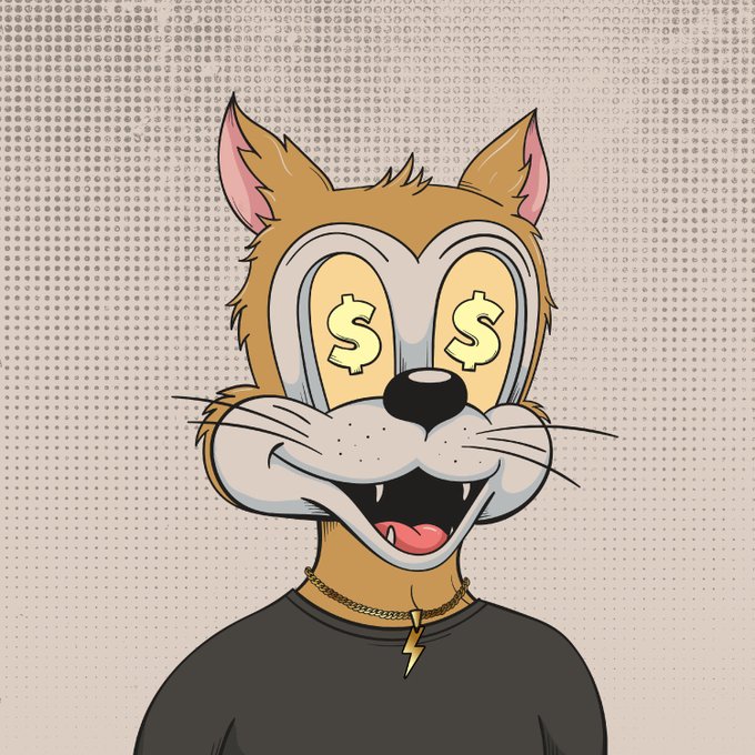 An illustrated anthropomorphic fox character with dollar signs ($) in place of eyes smiles widely, wearing a black shirt and a gold chain necklace with a lightning bolt pendant against a beige patterned background.
