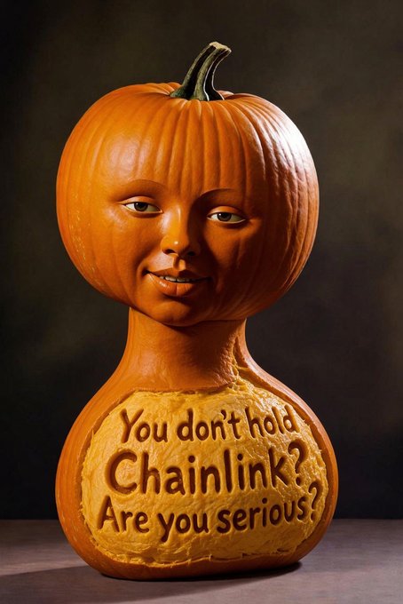An AI-generated pumpkin sculpture with a human face has carved text on its base reading: 'You don't hold Chainlink? Are you serious?'