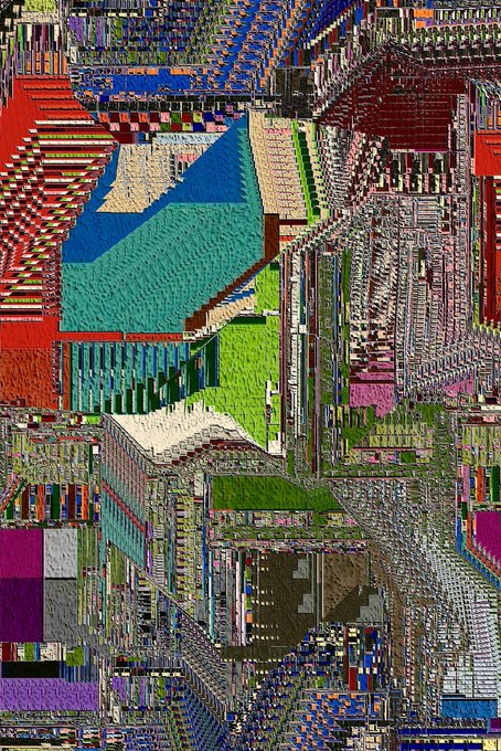 A heavily distorted, colorful glitch art composition with fragmented rectangular patterns and what appears to be a face obscured by digital noise.