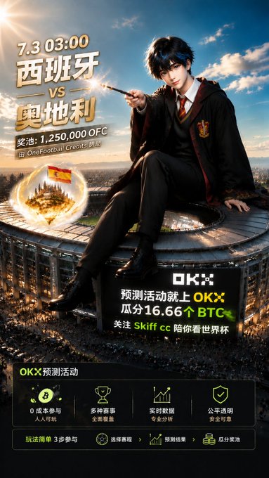 A promotional graphic for OKX featuring a Harry Potter-style character holding a wand, advertising a prediction event for a Spain vs Austria match on 7/3 at 03:00 with a prize pool of 1,250,000 OFC.