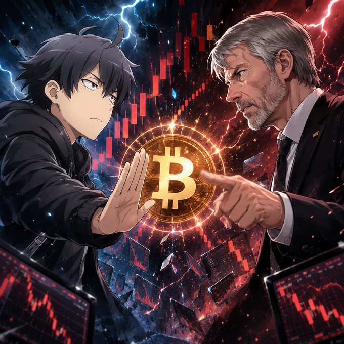 !!!The image shows two men standing over a computer screen with Bitcoin symbols on them, one of which has a dollar sign while the other has a symbol representing Bitcoin currency. This suggests that they might be discussing or examining the implications of using Bitcoin as a digital currency for financial transactions.