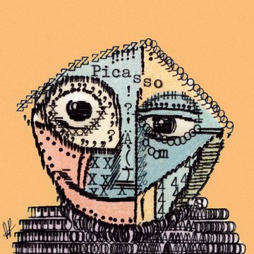 A stylized, editorial-style illustration of a face composed of Picasso-esque typography and patterns, signed 'Picas so' on an orange background.