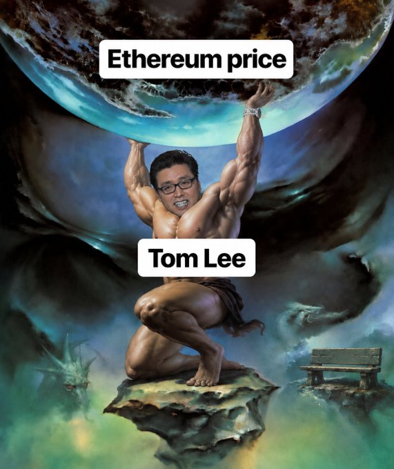 A meme depicts Tom Lee holding up the 'Ethereum price' like Atlas holding the world, using the classic Hercules/Atlas artwork with his face edited onto the muscular figure.