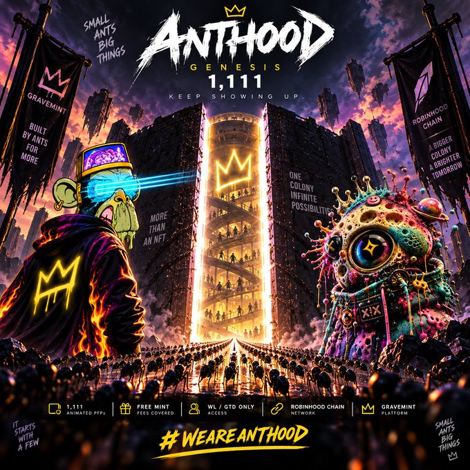 A promotional poster for 'ANTHOOD GENESIS' mint #1,111, featuring an ant-themed character with a VR headset, a glowing portal tower, banners for 'GRAVEMINT' and 'ROBINHOOD CHAIN', and the hashtag #WEAREANTHOOD.