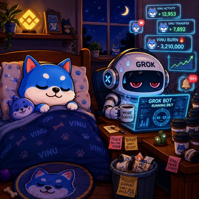 A cute blue dog (VINU) sleeps soundly under a "VINU" blanket while a sweating, exhausted Grok robot works tirelessly at a "GROK BOT - RUNNING 24/7" laptop, holding a "MORE COFFEE" mug. The screens display VINU Activity +12,953, VINU Transfer +7,892, VINU Burn -3,210,000, alongside notes like "BURNS DON'T SLEEP" and "MISSION: SUPPORT VINU DATA," humorously illustrating that while Grok works nonstop, VINU burns continue around the clock—eventually catching Grok's attention.