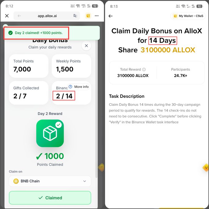 Screenshots from the AlloX app showing a daily bonus claim ('Day 2 claimed! +1000 points') and a promotional page for claiming daily bonuses for 14 days to share 3,100,000 ALLOX tokens.