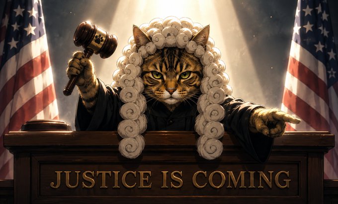 A cat dressed as a judge holds a gavel and points, with the text "JUSTICE IS COMING" visible on the bench. This image appears to be a commentary on the $Cate stock, with the "hated rally" possibly referring to a perceived unfair or unjust movement in the stock price.