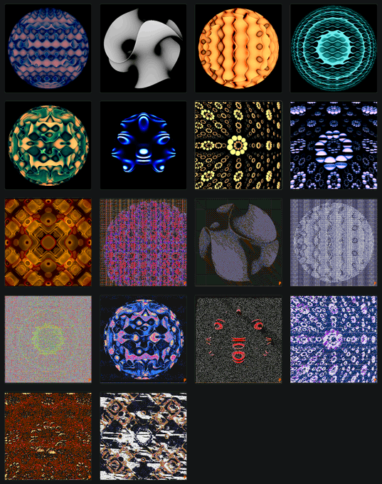 A grid of various square texture and pattern samples, featuring spheres and flat designs with diverse colors, including blues, oranges, greens, and abstract noise patterns.