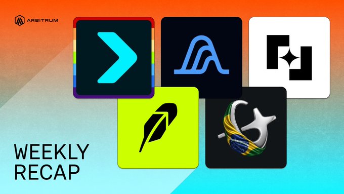 A graphic titled "Weekly Recap" with the Arbitrum logo in the top-left corner, featuring stylized icons for Tokenized Funds (Spiko), Aave, Rocket Pool, Robinhood, and Magic Eden set against an orange and teal gradient background. The image visually highlights the diverse ecosystem projects discussed in the recap, including tokenized funds, DeFi protocols, and trading platforms, accompanying the post's announcement that tokenized funds on Arbitrum One reached a new high of $800M+ in market cap.