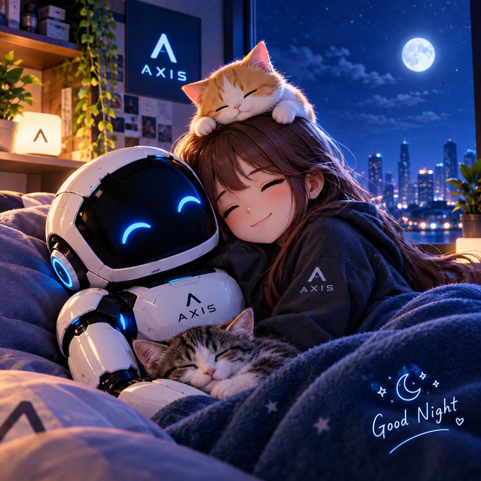 An anime-style illustration of a girl with brown hair sleeping on a couch, accompanied by an orange cat resting on her head, a tabby cat curled up beside her, and a small white robot with glowing blue eyes featuring the logo 'AXIS'; the text 'Good Night' appears in the bottom right corner.