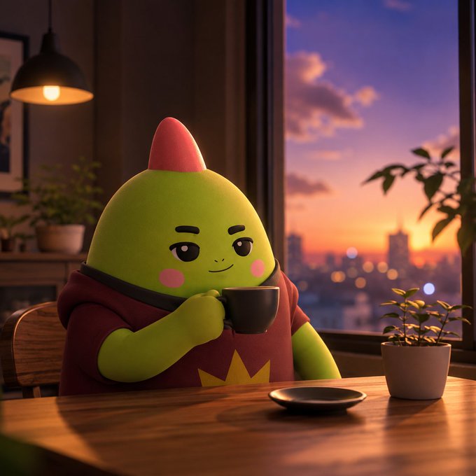 A 3D-rendered cartoon character resembling a green fruit or vegetable with a pink tip is sitting at a wooden table, smiling and holding a mug of coffee, with a sunset cityscape visible through a window behind it.