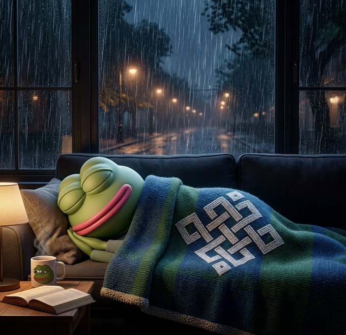 A digital illustration of a Pepe the Frog character sleeping peacefully on a couch under a blanket with a knot-like design, beside a rainy window and a steaming mug.