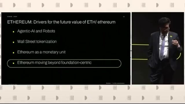 The image shows a man wearing a suit, standing next to a presentation slide with information about cryptocurrencies. The text on the slide explains that Bitcoin is one of many cryptocurrencies available for trading, and it also mentions that there are other cryptocurrencies like Bitmine and Sharplink in the market. The man appears to be presenting or discussing these digital assets, possibly at an event related to finance or technology.