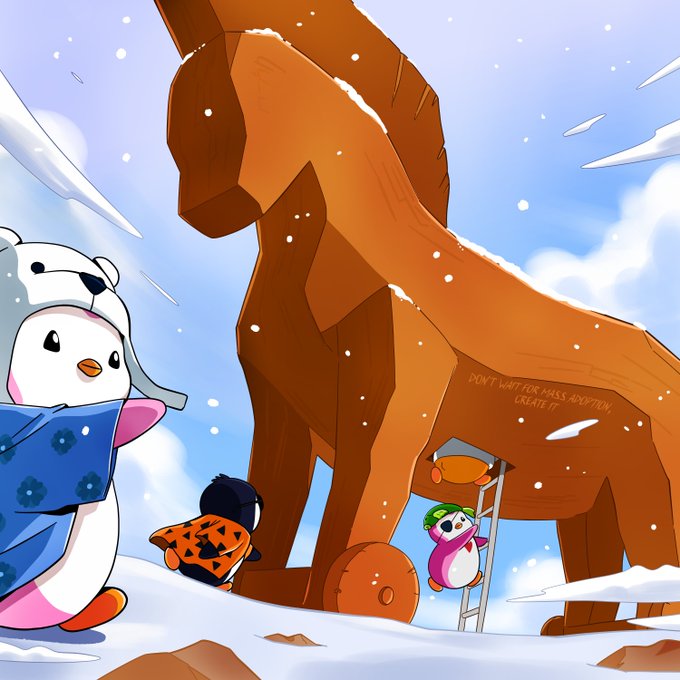 A digital illustration in a winter scene shows cartoon penguin-like characters near a large wooden Trojan horse structure, with text on the horse reading 'DON'T WAIT FOR MASS ADOPTION, CREATE IT.'