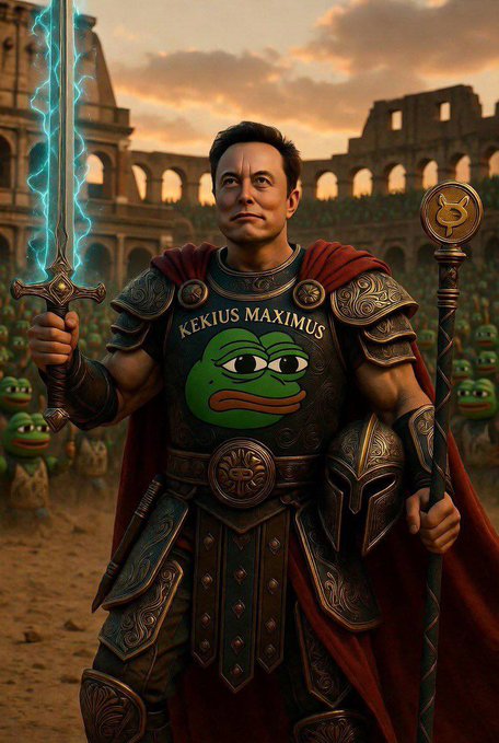 The image depicts Elon Musk as a gladiator named "KEKIUS MAXIMUS," wearing ornate Roman armor featuring a Pepe the Frog emblem on the chest plate, and wielding an electrified sword and staff with a $ symbol in the Colosseum. The caption relates to the post by portraying Musk's Kekius Maximus alter ego as a returning arena fighter, blending internet meme culture with classical Roman combat imagery.