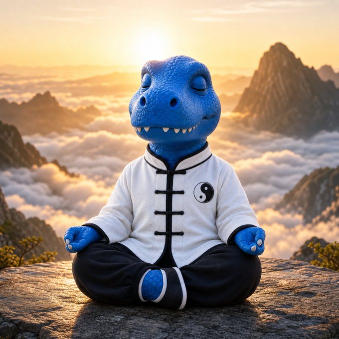 A blue dinosaur plushie dressed in a white martial arts uniform with a yin-yang symbol meditates in lotus position on a mountain peak above clouds at sunrise, mirroring the post's theme of calm, disciplined strength as Binance Wallet announces Stable chain support, with the dinosaur's serene poise reflecting FEFER's steady ~4M market cap despite not yet reaching its peak.