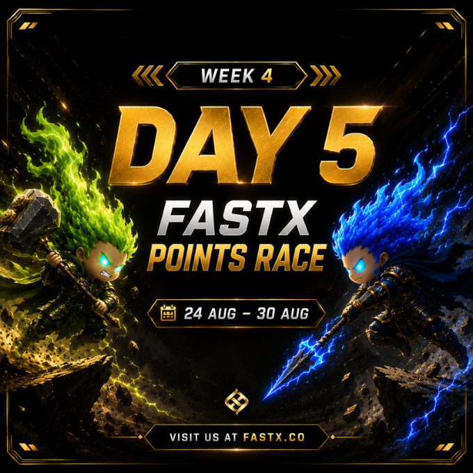 A promotional graphic for a "FASTX Points Race" featuring "Week 4 Day 5" from 24 Aug to 30 Aug, displaying two characters with green and blue lightning hair holding weapons.