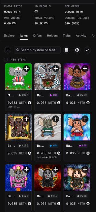 Screenshot of a digital NFT marketplace displaying a collection of cartoon baby elephant artworks, with prices listed at 0.033 WETH and 0.035 WETH per item. The interface shows 480 items total, with floor price, 1D floor %, and top offer metrics visible at the top, supporting a promotional post about joining the StylishBabyElephants collection.