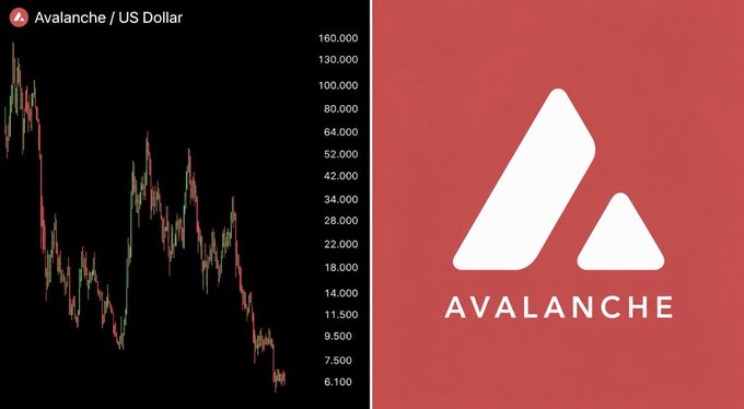 A price chart for "Avalanche / US Dollar" shows a steep decline from highs near $130,000 down to around $6,100, alongside the Avalanche logo on a red background—visually illustrating the dramatic crash the user is asking about.