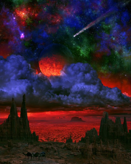 A fantasy digital artwork depicting an alien landscape with towering rock formations, a glowing red moon, colorful nebulae, a comet, and small figures with camels in the foreground.