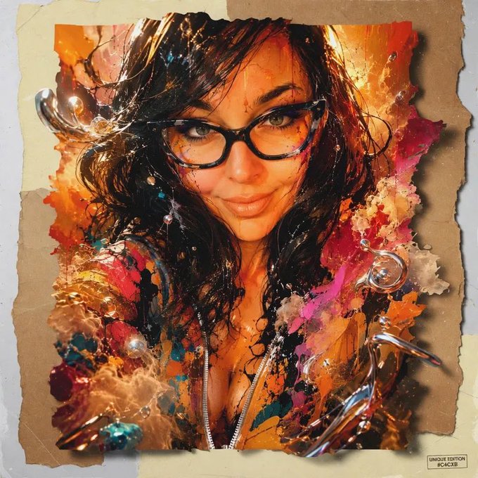 Stylized mixed-media artwork of a woman with glasses, surrounded by vibrant paint splatters in shades of orange, pink, and blue, with a 'Unique Edition' label in the corner.