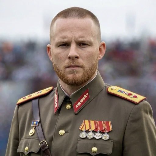 A stern-looking man with a buzz cut and red beard stands at attention wearing an olive-green military dress uniform adorned with medals, ribbons, and red-and-gold epaulets. His serious, battle-ready expression aligns with the "War mode" caption, conveying a sense of disciplined intensity and combat readiness.