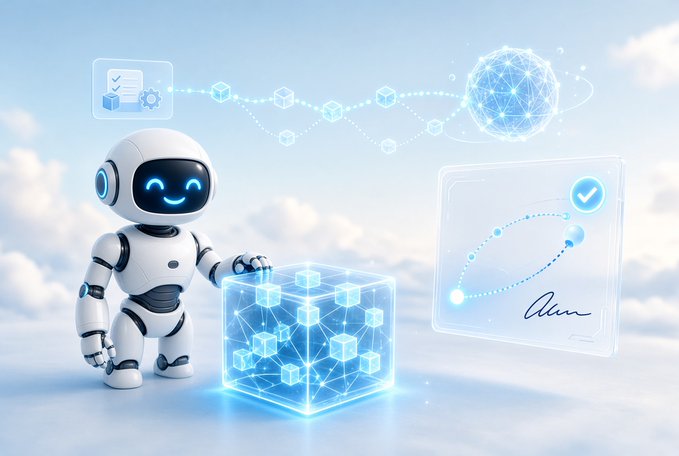 A 3D illustration of a friendly white robot interacting with a glowing blue holographic cube and data screens against a cloudy sky background.
