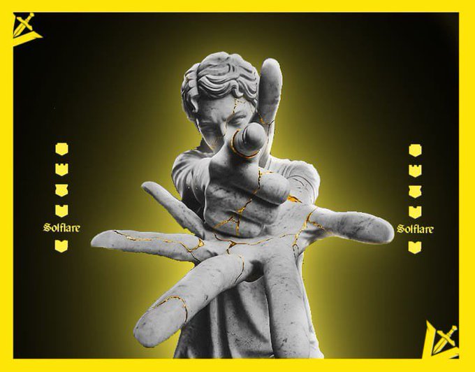 An artistic image of a cracked classical statue pointing forward, designed in a yellow and black color scheme with 'Solflare' branding and decorative shield elements on the sides.