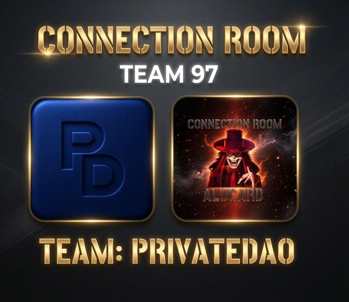 A promotional graphic for "CONNECTION ROOM TEAM 97" featuring the PrivateDAO logo and an Alucard-themed avatar, announcing PrivateDAO's integration as the 97th team, highlighting their focus on privacy infrastructure and the $PDAO token.