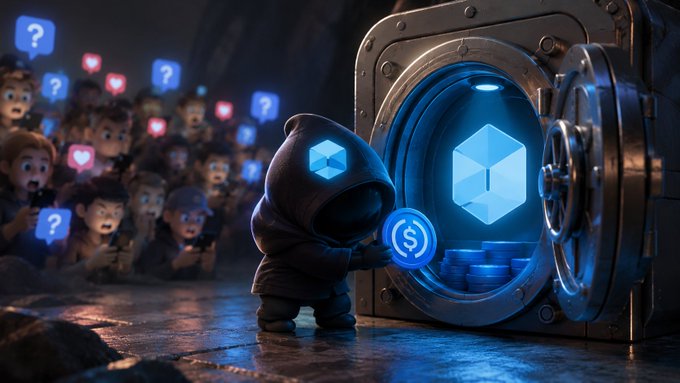 3D-rendered illustration of a hooded character with a glowing blue hexagon face holding a crypto coin, standing before an open vault containing a glowing Ethereum (ETH) cube and stacked coins, with a crowd holding question mark signs in the background.