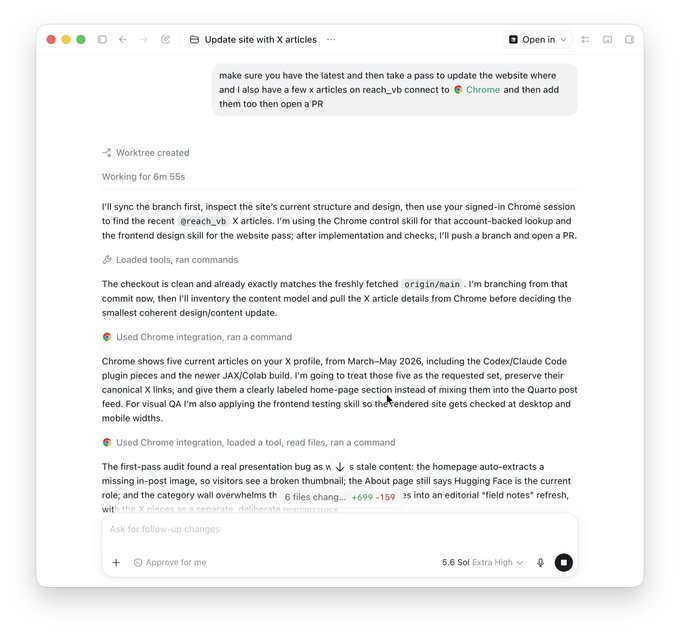 A screenshot of an AI coding assistant conversation where a user asks Codex/Sol to update their website with recent X articles, and the assistant confirms it has synced the branch, audited the site for bugs (broken thumbnail, outdated role), and is preparing to make the changes. The image illustrates the post's claim that Codex and Sol are handling the website update, showing the actual AI workflow pulling X (formerly Twitter) articles from March–May 2026.