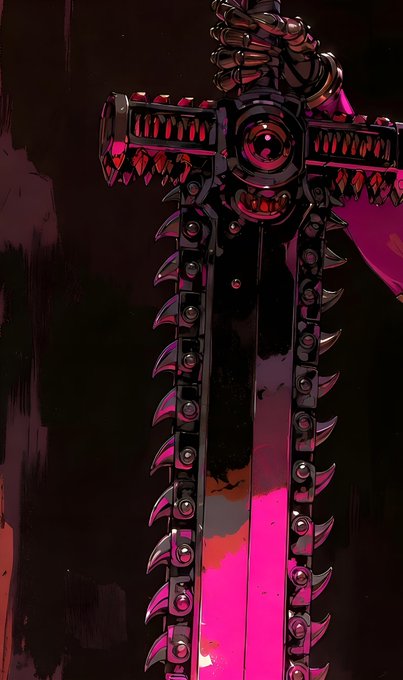 An illustration of a chainsaw weapon styled like a chainsaw sword, featuring a blade flanked by chainsaw chains and a menacing face design.