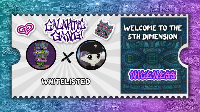 A vibrant graphic announces a "WL Giveaway" collaboration between Galaktic Gang NFT and another project, featuring stylized skull mask and ninja character icons with "WHITELISTED" text, alongside a "WELCOME TO THE 5TH DIMENSION" banner, matching the post's 15 GTD whitelist contest instructions.