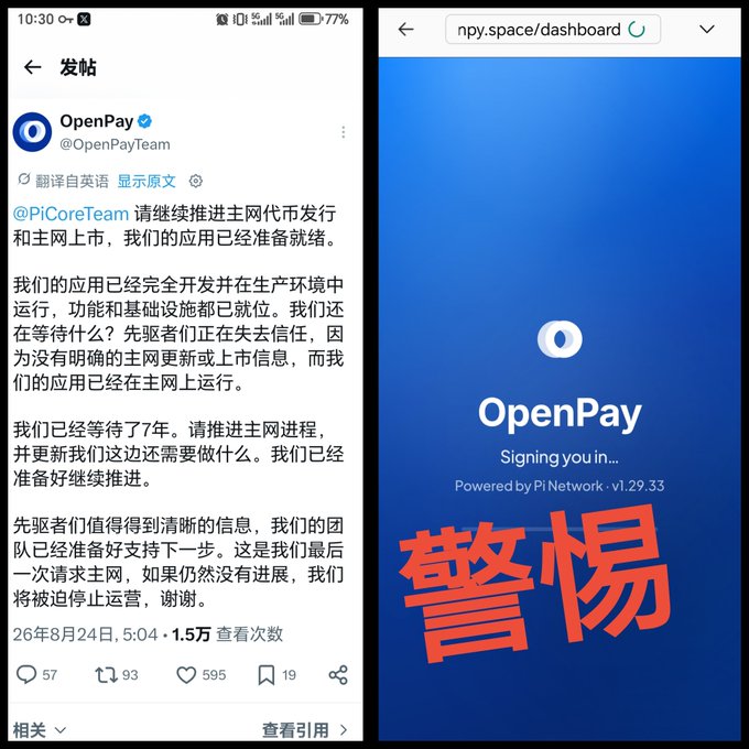 A side-by-side image shows an OpenPay (@OpenPayTeam) tweet from August 24 urging @PiCoreTeam to advance mainnet progress and a Pi wallet loading page (npy.space/dashboard v1.29.33) overlaid with red Chinese characters reading "警惕" (Beware/Vigilance), illustrating the accompanying warning to pioneers about this suspicious non-Pi ecosystem.