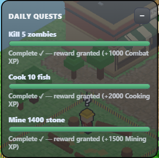 A video game 'DAILY QUESTS' menu displays completed tasks: 'Kill 5 zombies', 'Cook 10 fish', and 'Mine 1400 stone', with rewards granted including 1000 Combat XP, 2000 Cooking XP, and 1500 Mining XP.