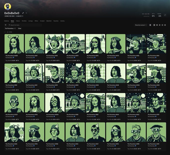 A grid of 32 "Florentines" NFT profile pictures, each labeled with collection details such as "The Florentines #266" through "#499" and "Top offer" prices ranging from 0.0266 to 0.043 ETH, displayed in the collection "0x0x8x0x0" on OpenSea. The pixelated Renaissance-style portraits align with the post's theme of the Florentines NFT assembly, showcasing the user's nomination set as they await votes for the Signoria to honor Florence.