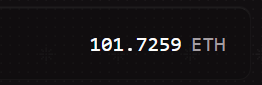 A dark screen displaying the text '101.7259 ETH' in a glitchy white font.