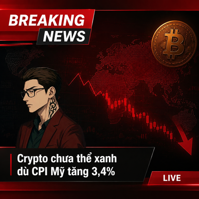 A 'BREAKING NEWS' graphic in Vietnamese reading 'Crypto chưa thẻ xanh đủ CPI Mỹ tăng 3,4%', featuring an illustrated man with glasses, a Bitcoin coin, and a red downward-trending chart.