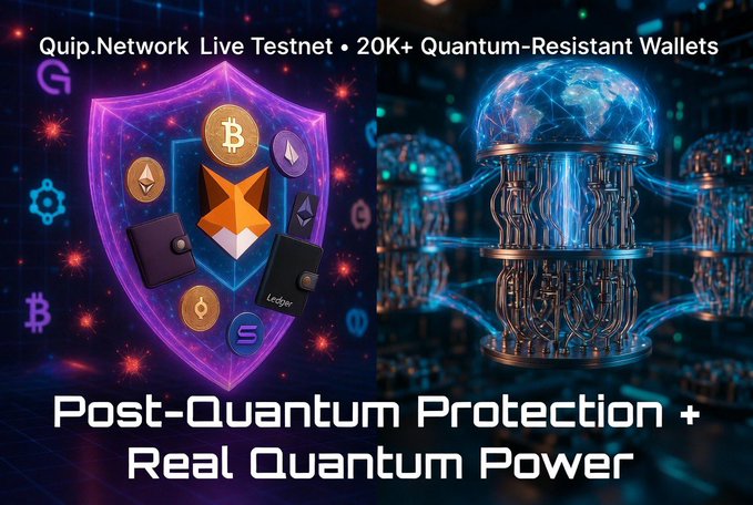 The image features two different designs for wallet icons, one of which has a shield with a coin symbol and another with a crystal ball. The shield design includes a coin and an orange fox, while the crystal ball design also contains a coin and an orange fox. Both designs are related to the concept of post-quantum protection (PQR) in terms of their ability to protect against potential threats or risks. The image is promoting PQR wallets that can be used with the Quip network's Live Testnet, offering users the option to add a layer of protection for their digital assets using QR codes.