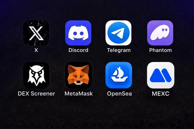 A smartphone home screen displaying crypto-related app icons including X, Discord, Telegram, Phantom, DEX Screener, MetaMask, OpenSea, and MEXC.