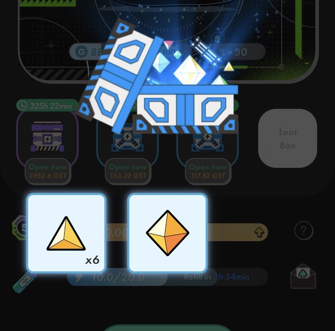 A mobile game interface showing loot boxes and rewards with GST currency (3952.6 GST, 153.32 GST, 117.82 GST), featuring geometric crystal and pyramid icons with x6 multiplier.