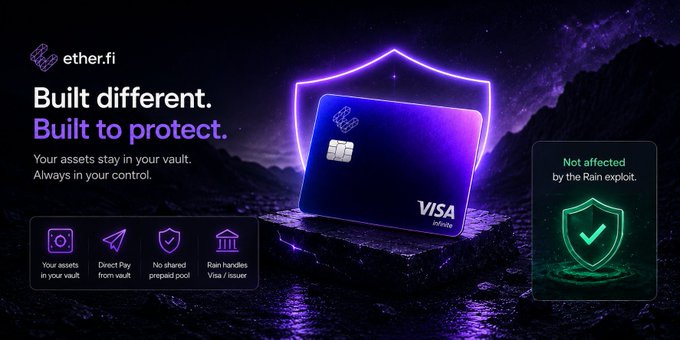 A promotional graphic for ether.fi featuring a glowing purple Visa Infinite card displayed against a dark cosmic background, with the text "Built different. Built to protect." and highlights such as "Your assets stay in your vault. Always in your control," along with icons indicating "Direct Pay from vault," "No shared prepaid pool," and "Rain handles Visa / issuer." A side badge notes "Not affected by the Rain exploit," reinforcing the post's message about ether.fi's self-custody multisig technology protecting users from centralized platform failures.