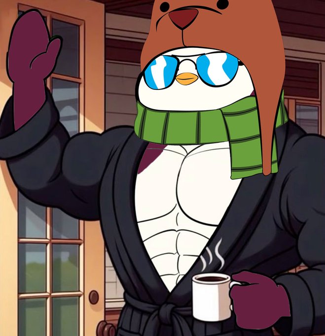 An anthropomorphic penguin wearing a bear hood, sunglasses, a green scarf, and a black robe holds a steaming mug of coffee while waving in greeting, fitting the cheerful "gm frens, enjoy the weekend!" post perfectly.